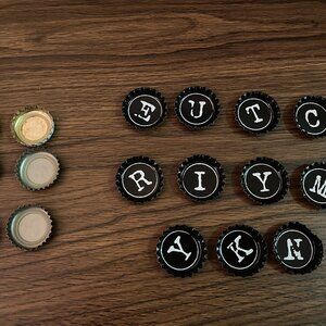 17 Black Bottle Cap Letters Craft Supplies - Black / White